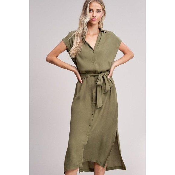 No Rest for Briget Arrays Shirt Dress M Olive Green Midi Sleeveless Belt Buttons - Picture 2 of 16